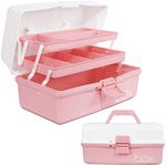 30cm Three-Layer Multipurpose Storage Box Organizer Folding Tool Box/Art & Crafts Case/Sewing Supplies Organizer/Medicine Box/Family First Aid Box with 2 Trays (White Pink)