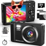 Digital Camera 4K 64MP Digital Camera with 32G SD Card Autofocus Vlogging Camera with Two 1200 mAh Batteries for Photography 16X Digital Zoom Mini Compact Camera for Kids Teenagers Beginners Adults