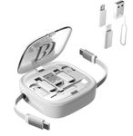 Multi Adapater Kit with Retractable USB C Charging Cable, Fast Charging 60W USB C Cable, USB C to USB C/Lightning/USB A/Micro USB, SD Card/SIM Tray Eject Pin and Storage, Phone Stand (White)