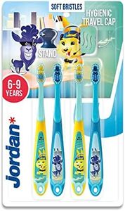 Jordan ® | Step 3 Brosse à dents pour enfants | Brosse à dents pour enfants de 6 à 9 ans | Poils souples, double poignée ergonomique et sans BPA | Couleur bleu et jaune | Pack 4 unités