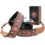 Padwa Lifestyle Red Flower Camera Strap - 2" Wide Cowhide Head, Embroidered Cotton Woven Vintage Camera Straps,Universal Neck & Shoulder Strap for All DSLR Cameras and Men & Women Photographers