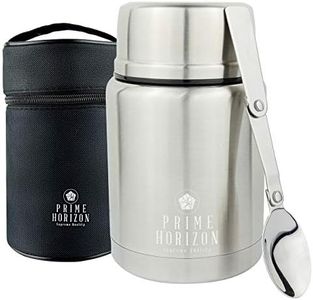 Prime Horizon Food Flask - 500ml Stainless Steel Vacuum Double Wall Jar with Folding Spoon, Leakproof and BPA Free. Free Insulated Travel Bag with Carabiner and Gift Box (Silver)