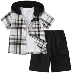 Fdqin Boys Outfits Sets Plaid Short Sleeve Hoodie and Cargo Shorts Boy 2 Pcs Clothes for Summer, School, Beach, Black White 7-8 Years