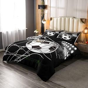 Football Print Bedding Set Boys Black White Soccer Ball Comforter Set For Kids Children Teens Sports Theme Game Competition Comforter 3D America Football Duvet Set Bedroom Decor Quilt Set 2Pcs Twin