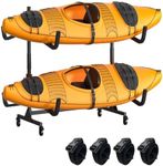 Kayak Storage Rack, Heavy Duty Steel Hanger for 2/4 Kayaks Stand, Canoe, SUP & Surfboard with Adjustable Width, Movable Wheels, Secure Straps, and Padded Arms for Indoor/Outdoor/Garage Storage