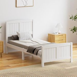 Oikiture Single Bed Frame with Headboards and Footboards Pine Wood Bed Frame Platform Bed, White