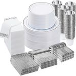 BESTVIP 700PCS Silver Disposable Dinnerware Set (100 Guests), Plastic Plates for Party, Wedding, Include: 200 Plastic Plates, 100 Gold Silverware, 100 Cups, 100 Napkins