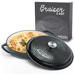 Segretto Cookware 3.6 QT Braiser Enameled Cast Iron Casserole Pan With Cover, Nero (Black) Cast Iron Braiser Pan With Lid, Lasagna Pan Enamel Cast Iron Cookware | Enameled Cast Iron Skillet with Lid