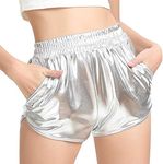 MAKARTHY Women's Metallic Shorts Elastic Waist Shiny Sparkly Rave Pants (X-Large, Silver)