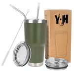 Y·J&H 30oz (850ml) Travel Tumbler Double Wall Vacuum Insulated Coffee Mug Stainless Steel Coffee Cup with 2 Splash Proof Lid, 2 Straws & Free Cleaning Brush, BPA Free - Army Green