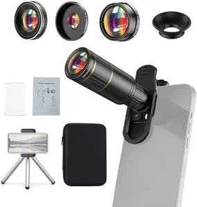 Andoer 4-in-1 Phone Lens Kit External Phone Camera Lens Set with 22X Telephoto Lens 205° Fisheye Lens 4K 0.67X Wide Angle Lens 25X Macro Lens Clip Phone Mini Tripod Replacement for iPhone 15/14/13/12