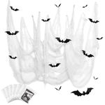 YuSaug Halloween Creepy Cloth, 6Pcs 30 x 72 Inch Scary Spooky Cloth Creepy Gauze with 12 bat Stickers, Creepy Cloth Fabric for Halloween Party Scary Decoration (6 White)