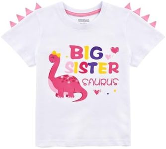 WAWSAM Enfant Bambin Filles Grande Soeur T-Shirt - Dinosaure Manches Courtes Cadeau 100% Coton Promu à la Chemise de Grande Soeur Blanc Impression Coloré T Shirt (Blanc, 4 Ans)