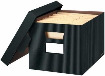 Bankers Box 4 Pack STOR/File Decorative Medium-Duty File Storage Boxes, FastFold, Lift-Off Lid, Letter/Legal, Black/Gray Pinstripe