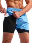 Pudolla Men’s 2 in 1 Running Shorts 5" Quick Dry Gym Athletic Workout Shorts for Men with Phone Pockets, Light Blue, Medium