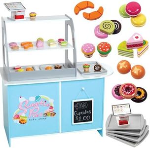Wooden Bakery Playset Pretend Stand for Kids - 25 Piece Bake Shop Cafe Counter with Food, Donuts, Cake, Chalkboard, Cash Register, Trays & More- Durable Construction for Creative Playtime- Girls Gift