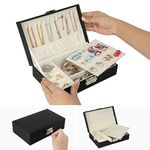 BELLE VOUS Black Jewellery Organiser Travel Case Box with Earring Insert & Hand Mirror - Lockable MDF Storage Tray - Storage Grids, Hangers & Pouch for Rings, Necklaces, Bracelets & Watches