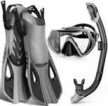 WONDSY Mask Fin Snorkel Set, Snorkeling Gear for Adults with Panoramic View Mask, Dry Top Snorkel, Adjustable Swim Fins and Travel Bag, Man Woman Swimming Diving, Grey, Large-X-Large