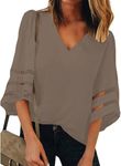 BETTE BOUTIK Women's 3/4 Bell Sleeve Shirt Casual V Neck Pulloff Mesh Panel Blouse Top-Coffee-XL