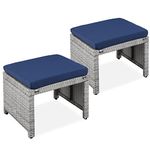 Best Choice Products Set of 2 Wicker Ottomans, Multipurpose Outdoor Furniture for Patio, Backyard, Additional Seating, Footrest, Side Table w/Removable Cushions, Steel Frame - Gray/Navy