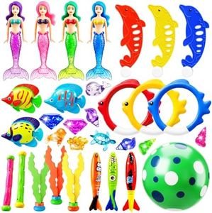 Jasonwell Pool Diving Toys Games - 32PCS Swimming Mermaid Pool Toys with Dive Rings Gems Beach Ball Underwater Treasures Torpedo Bandits Fish Swim Toy etc Bath Water Toy Training Gifts for Kids Adult