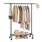 SONGMICS Clothes Rack, Clothing Rack with Extendable Hanging Rail and Wheels, Garment Rack, 99 lb Total Max. Load, 15.7” x 32.7”-47.2” x 61.4”, Ink Black UHSR134B01