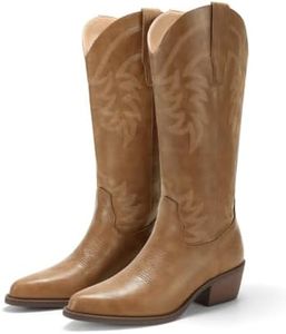 Coutgo Womens Cowboy Boots Mid Calf Chunky Heel Embroidered Western Boots