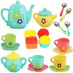 koolbitz 22 Pcs Kids Tea Set Party with Dessert Candy Muffin Toys Including Cups & Plates, BPA Free PVC Free Teapot, Washable Dishes, Safe Material, For Little Girls Enhance Child Skills