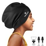 Vanocat Extra Large Kids Swimming Cap Long Hair, Waterproof Silicone Swimming Hat for Boys Girls Children Youth Teen, Swim Cap for Long Thick Curly Hair & Dreadlocks Braids Weaves Afro Hair（Black）