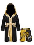 Miaeowve Kids Boys Boxing Outfit Open Front Hooded Grown Cloak Metallic Satin Robe with Belt and Boxer Shorts Set B4 7-8 Years