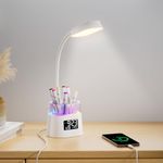 YAMYONE LED Desk Lamp with Pen Holder & USB Port, RGB Ambient Lights Decor Table Lamp, 3 Colors Stepless Dimming, Adjustable Brightness Clock Screen Timer 360°Flexible Gooseneck Bedside Lamp