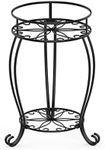 FaithLand Plant Stand, Heavy Duty Metal Planter Holder Indoor Outdoor, 2 Tier Round Potted Supports Rack, Corner Display Shelf Black