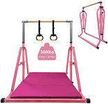 Foldable & Movable Gymnastics Kip Bar,Horizontal Bar for Kids Girls Junior,No Wobble Gym Equipment for Home Indoor,3' to 5' Adjustable Height,Gymnasts 1-4 Levels,300 lbs Weight Capacity (Pink)