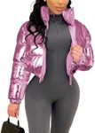 Flygo Women's Metallic Shiny Cropped Quilted Puffer Jacket - Zip Up Padded Down Coat Outerwear(Pink-M)