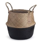 Seagrass Belly Basket Woven Plant Pot with Handles Natural Foldable for Storage Laundry Blankets Toys (Natural + Black)