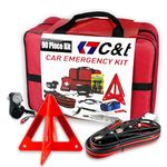C&T 90 Piece Car Emergency Kit,Roadside Emergency & First Aid Kit with Air Compressor,Tow Rope,Tire Repair Kit,Window Breaker,Tire Pressure Gauge,Warning,Flashlight,Cable Ties,Bungee Cords,etc.