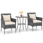 KOTEK 3 Pieces Patio Furniture Set, PE Rattan Outdoor Conversation Set with Tempered Glass Table & Soft Cushions, Wicker Bistro Set for Garden, Porch, Balcony (Off White)