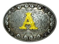 Moranse Golden Initial Letter A to Z Belt Buckle in Oval Flower Western Cowboy Style, Initial a, Medium