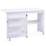 CASART 2-In-1 Sewing Table, Foldable Hobby Craft Table with Open Shelves & Rolling Casters, Multipurpose Sewing Machine Cabinet Computer Desk (White)