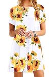 EFOFEI Women Round Neck Short Sleeve Dress Floral Shirt Dress Mini Shirt Dress White S