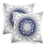 CaliTime Pack of 2 Cozy Fleece Throw Pillow Cases Covers for Couch Bed Sofa Farmhouse Decoration Dahlia Floral Medallion Compass Mandala Style 18 X 18 Inches Navy Blue Grey