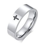 Cross Rings for Men, 18K Gold Plated Mens Rings Stainless Steel Silver Lord Prayer Jesus Christian Black Pinky Ring for Boys, Ring Size 5 to 13 with Free Chain (Silver, 9)
