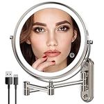 Rechargeable Lighted Makeup Mirror Brushed Nickel, Vanity Mirror with 3 Color Lights, Dimmable Touch Screen,8 Inch LED Double Sided 1X/10X Magnifying 360°Swivel Shaving Mirror 13 Inch Extendable