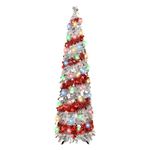 Pop Up Christmas Tree with 90 Lights, 5FT Collapsible Christimas Tree Tinsel Slim Pencil Christmas Xmas Tree with Stand Decorations for Home Holiday Fireplace Party Indoor Outdoor (Red & Silver)