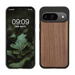 kwmobile Real Wood Case Compatible with Google Pixel 9 / Pixel 9 Pro Case - Hard Wooden Cover w/TPU Bumper - Dark Brown