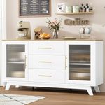 GAOMON Storage Cabinet, 56’’ Sideboard Buffet Cabinet with 3 Large Drawers and Fluted Glass Door, White Coffee Bar Cabinet for Kitchen with Adjustable Shelf, Dining Room, Living Room, Natural