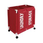 HOKIPO Oxford Fabric Sorter Laundry Basket with Wheels | 2 Compartment Laundry Hamper with Lid Cover | Rolling Laundry Clothes Basket Trolley, 65x61x35 cm, Red (NEW3707)