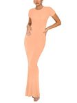 REORIA Women's Basic Summer Casual Lounge Long Dress Elegant Short Sleeve Crew Neck Bodycon Maxi Dresses, Peach Fuzz, X-Large