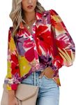 Zeagoo Womens Shirts Long Sleeve Red Flower Print Blouse for Woman Button up Tops 2024 Fashion Large