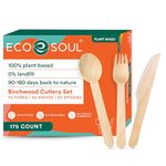ECO SOUL 100% Compostable Cutlery Set (175 Pack) - 75 Wooden Forks, 50 Wooden Spoons & 50 Wooden Knives - Eco-Friendly & Disposable Cutlery Set - Wooden Cutlery for Picnic, Travel and Camping